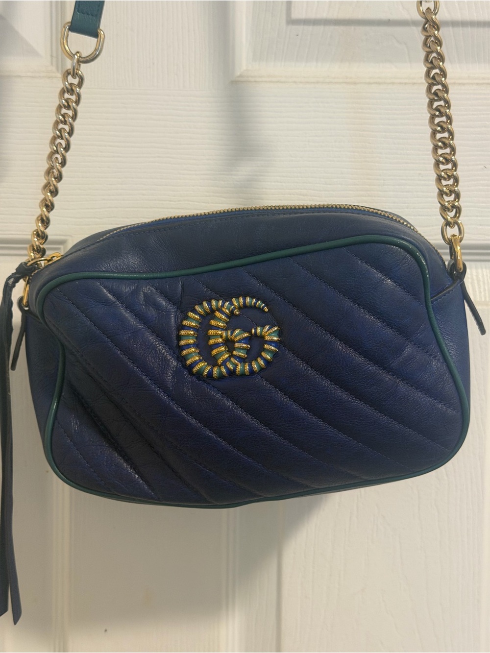 Gucci Navy Quilted Crossbody with Gold Chain and Green Trim